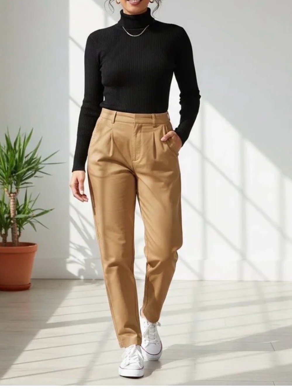 a.n.a Tan Pleated High-Rise Chinos